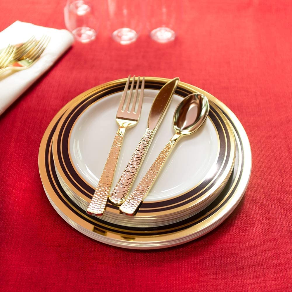 Lilian Tablesettings 160 Pcs Disposable Hammered Extra Heavyweight Gold Plastic Tableware Lillian Tablesettings