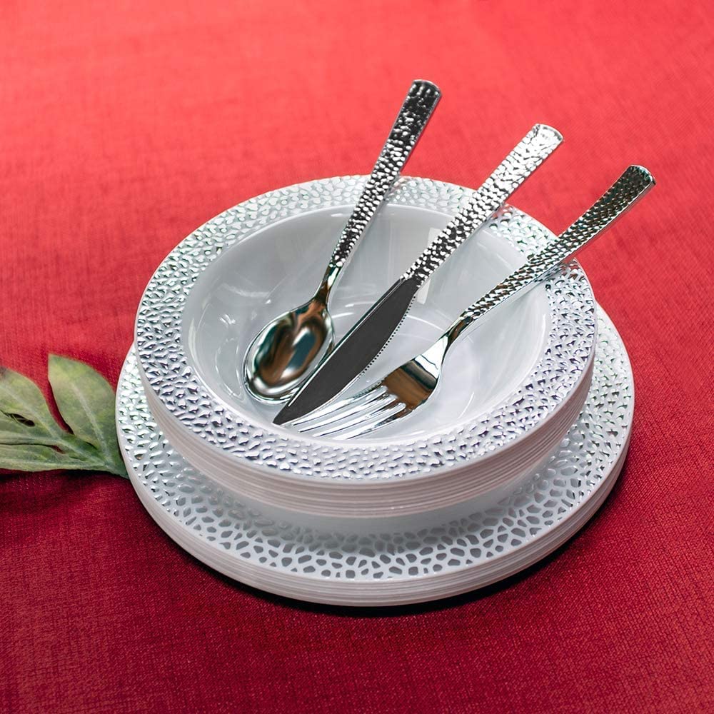 Lilian Tablesettings 96 Pcs Hammered Disposable Extra Heavyweight Silver Plastic Tableware Tablesetting Lillian