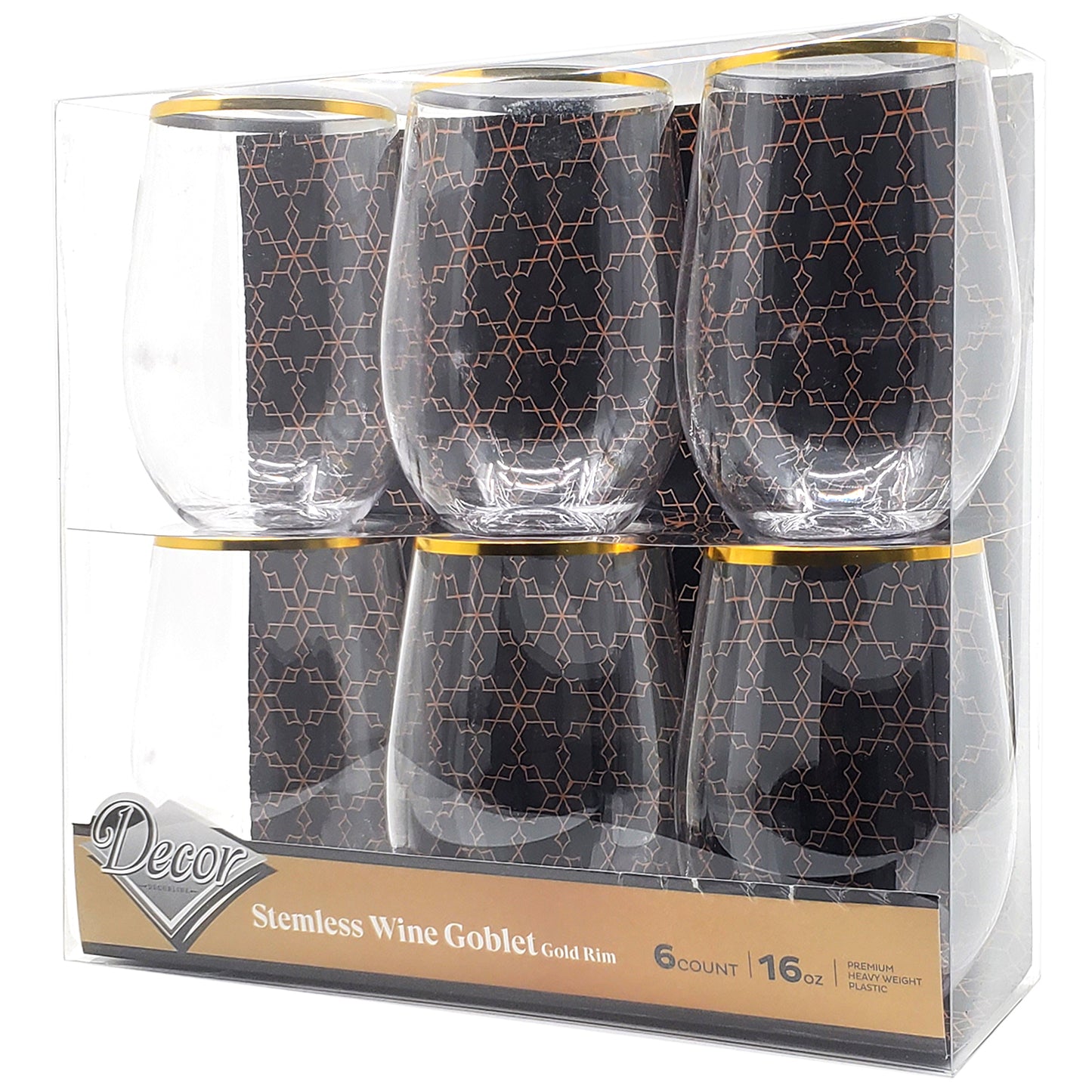 Gold Rim Stemless Plastic Wine Glasses Goblet 16 oz Cups Decorline   