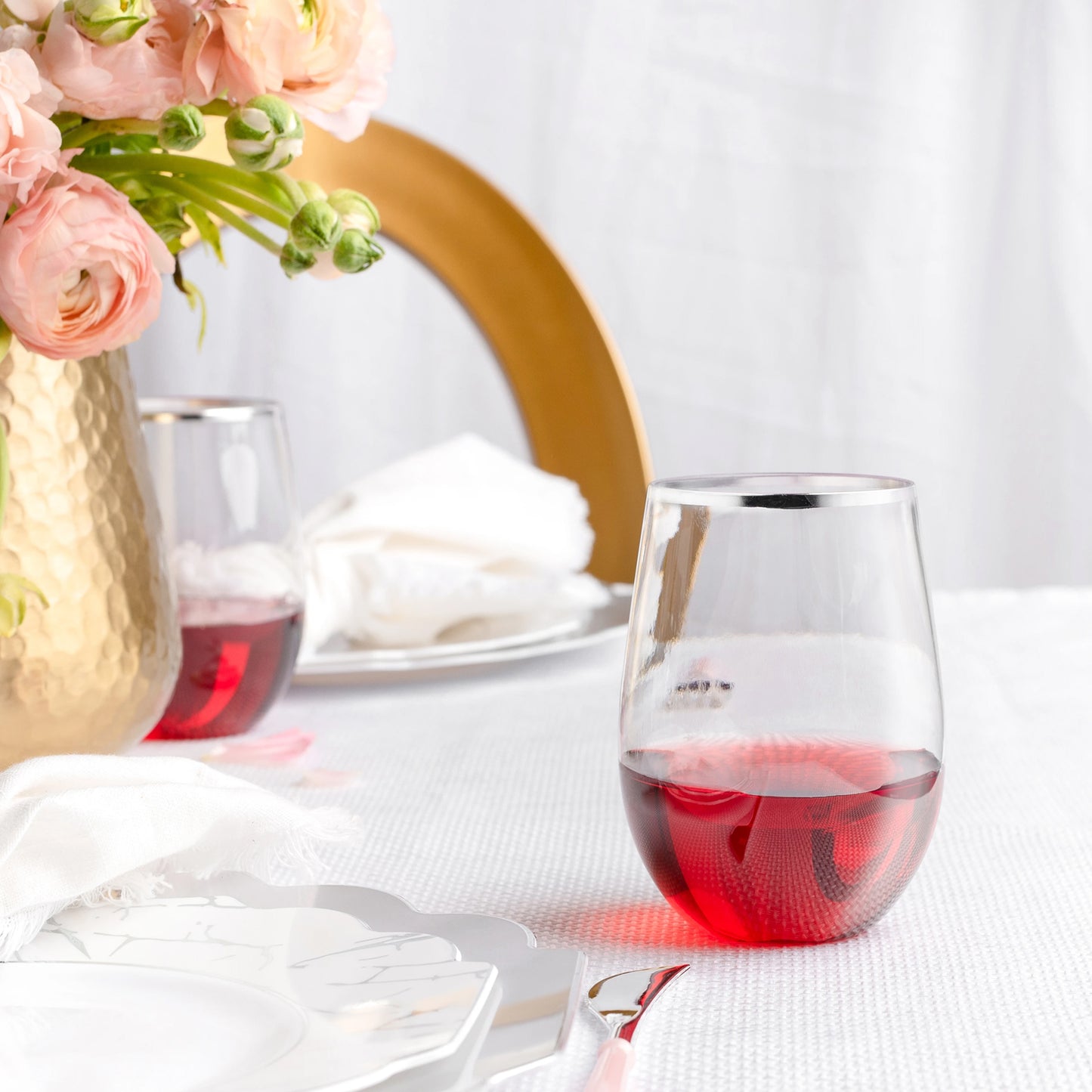 16 oz Silver Rim Stemless Plastic Wine Glasses Goblet 6 Pack Wine Goblets Decorline