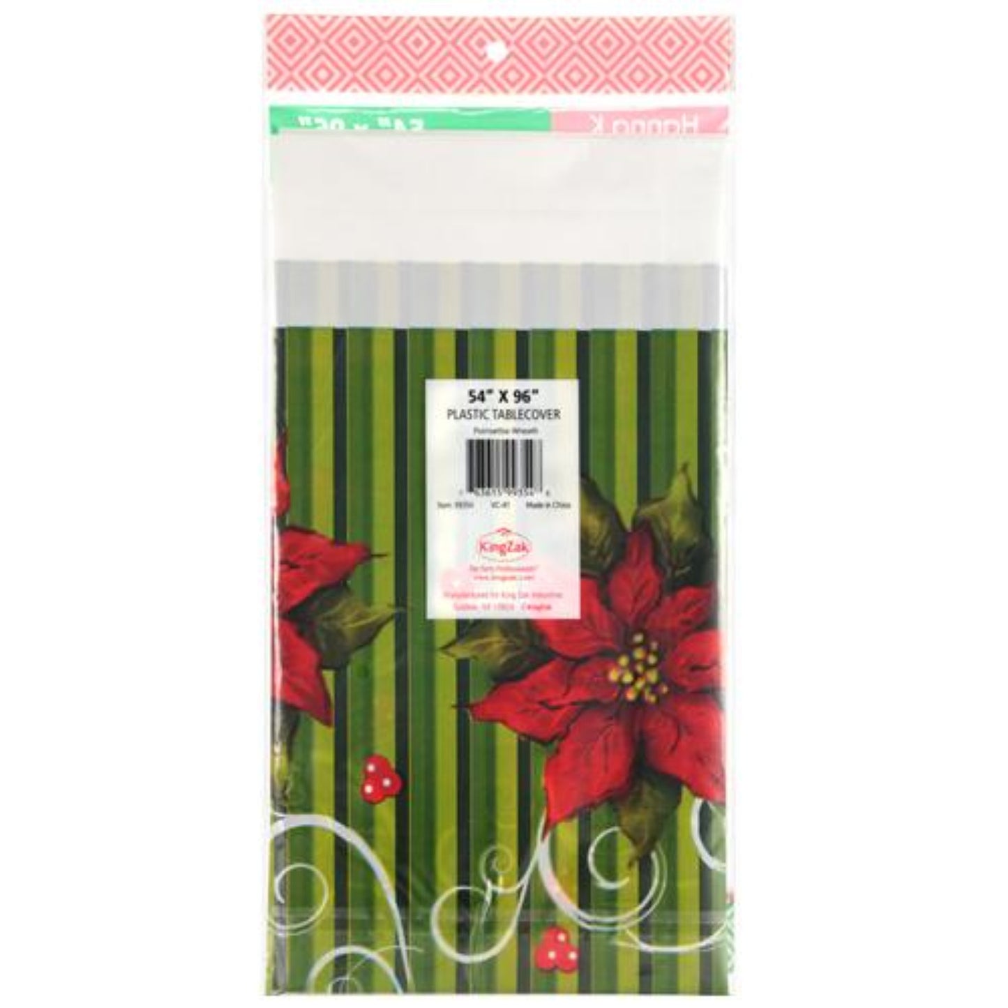 Poinsettia Wreath Plastic Table Cloth 54" x 96" 1 Count Disposable Hanna K