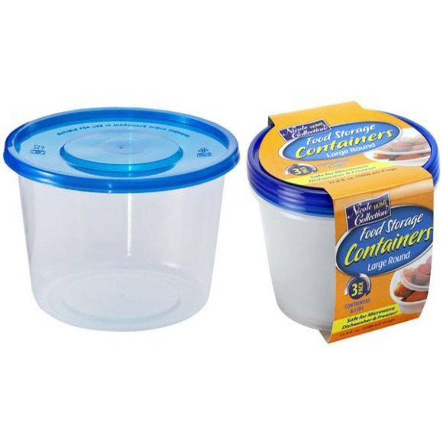 34 oz Light Weight Containers With Lids Large Round Blue 3Count Food Storage & Serving VeZee