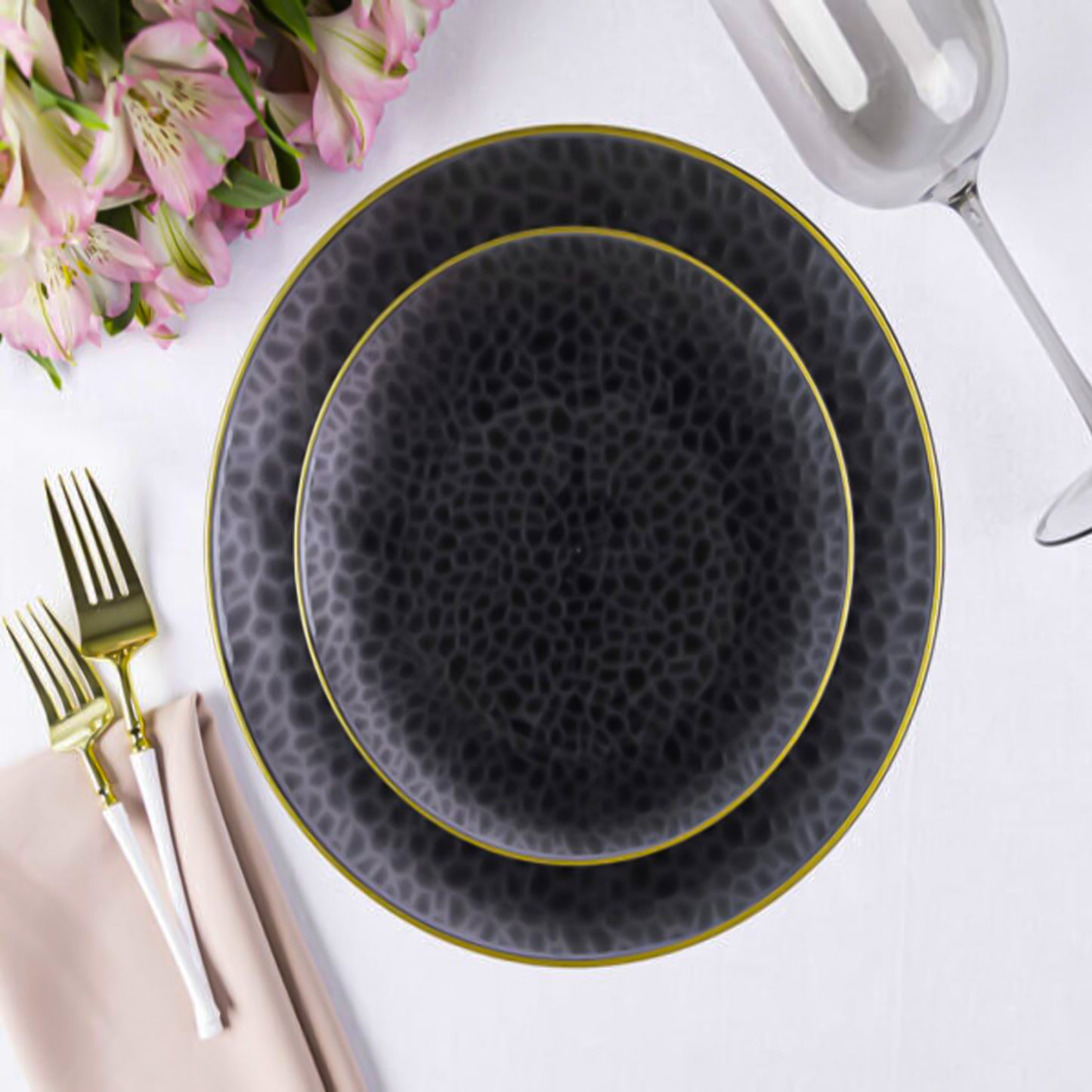 Organic Hammered 7" Black with Gold Rim Appetizer/Dessert Plates Tablesettings Blue Sky