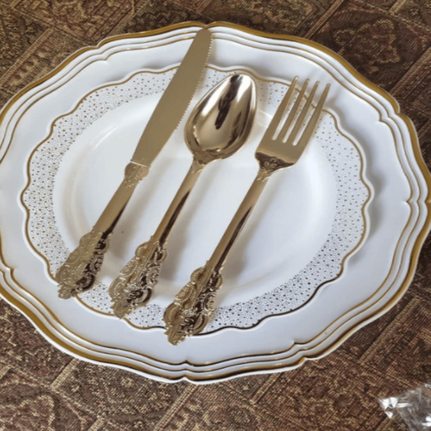 Confetti 7.5" Plastic Plate White Gold 10 Pack Disposable Plates Decorline