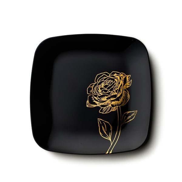 10.25"&7.25" Black and Gold Square Disposable Plastic Plates COMBO Set-Peony Combo Disposable Plates Decorline
