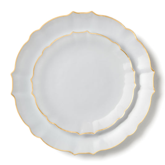 COMBO SET  10.25" & 7.25"  White and Gold Round Plastic Dinnerware Set - Luxe  Decorline   