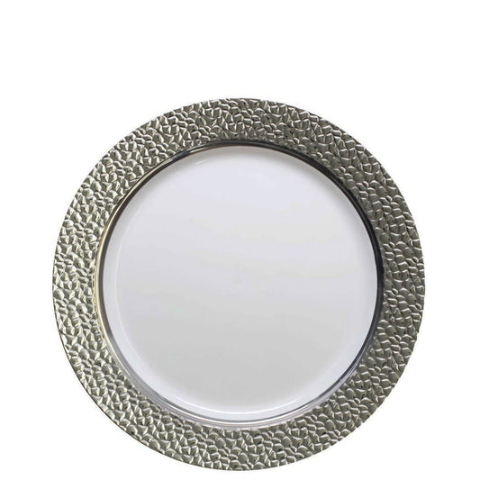 SALE Hammered Collections Salad Dessert Plate White Silver 7.25" 10 count Plates Decorline   