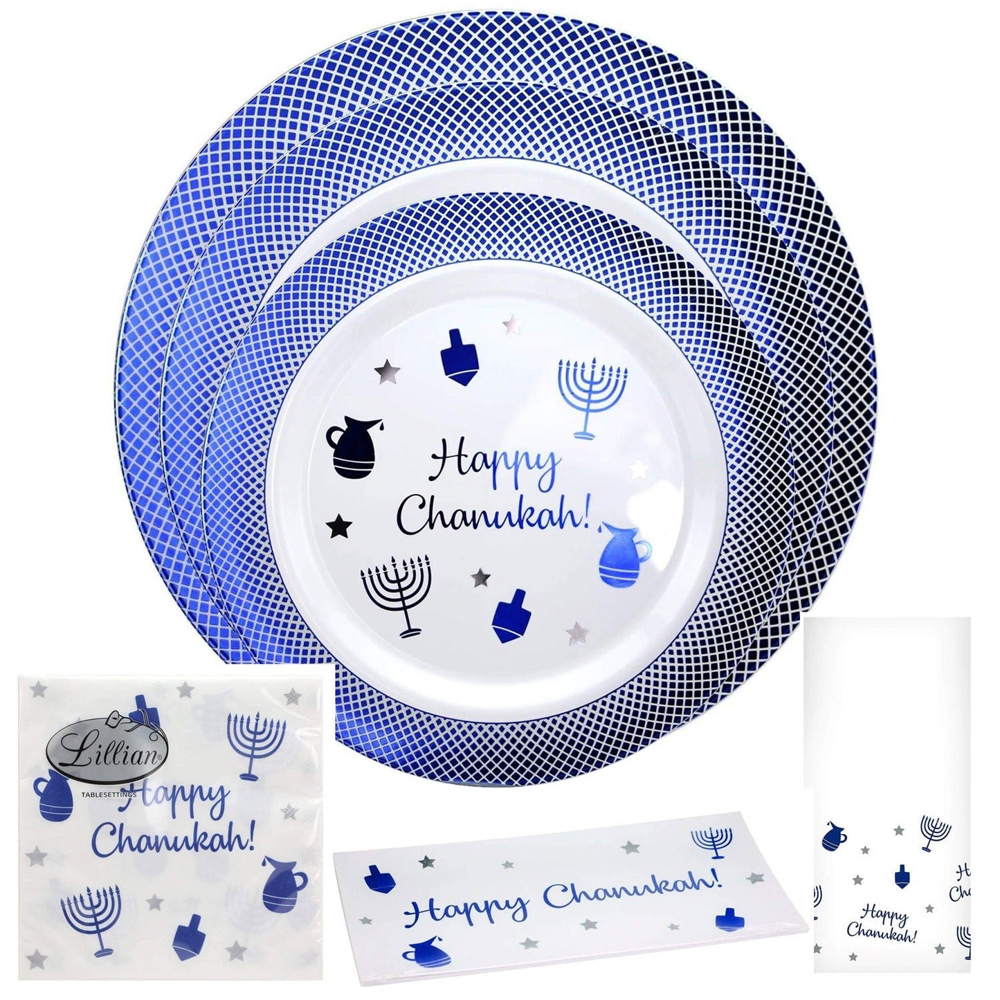 Happy Chanukah Heavyweight Plastic Blue Plate 10.5": 10 count Disposable Plates Lillian Tablesettings