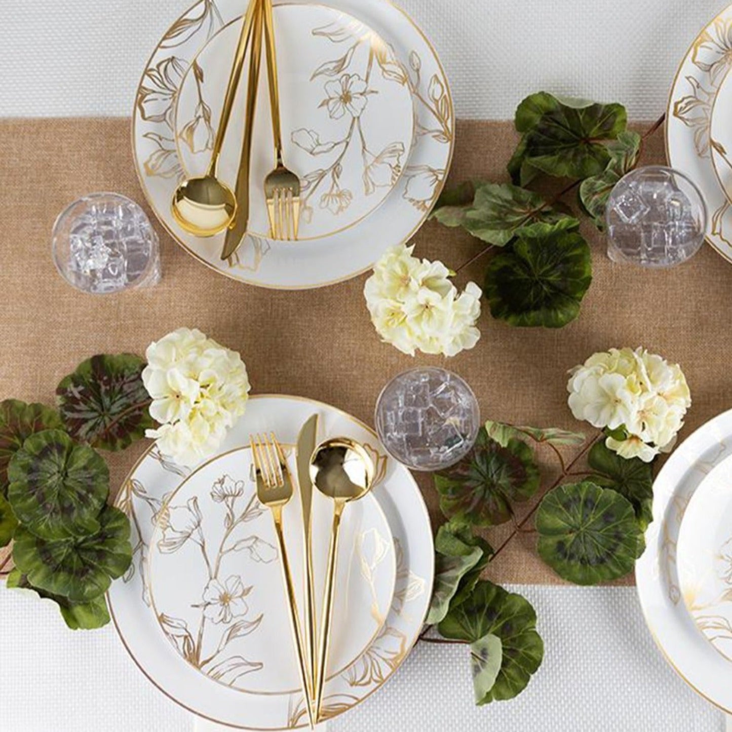 *BUY BULK* Antique White with Gold Floral Disposable Plastic Dinner Tableware COMBO Set Disposable Tableware Blue Sky