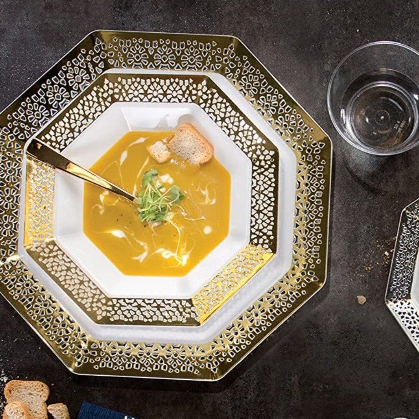 Lillian Tablesettings Lacetagon Bowl with Gold Rim White 5 oz Bowls Lillian