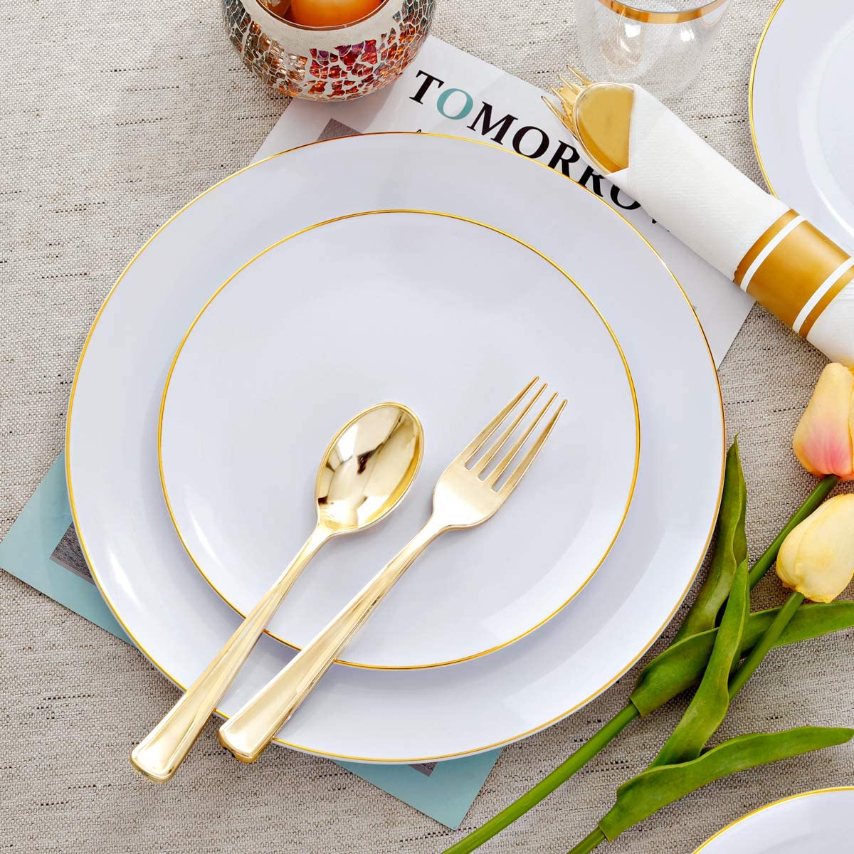 *BUY BULK* Organic Collection White & Gold Rim Disposable Plastic Dinner Tableware COMBO Set Disposable Tableware Decorline