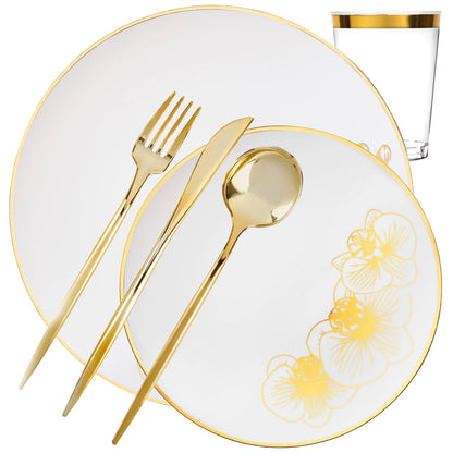 COMBO Orchid Collection Dinner Plate White & Gold Tableware Package Set Plates Decorline 40  