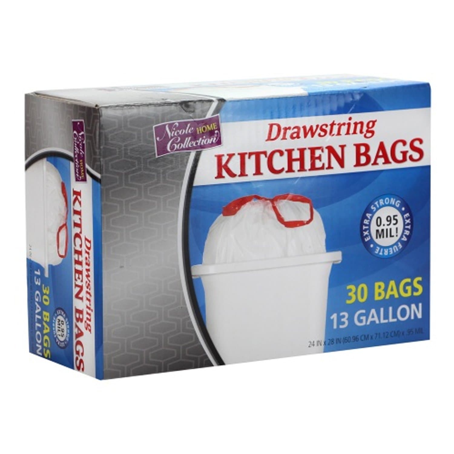 13-Gallon Kitchen Trash Bag, Drawstring Trash Bag 30-Count