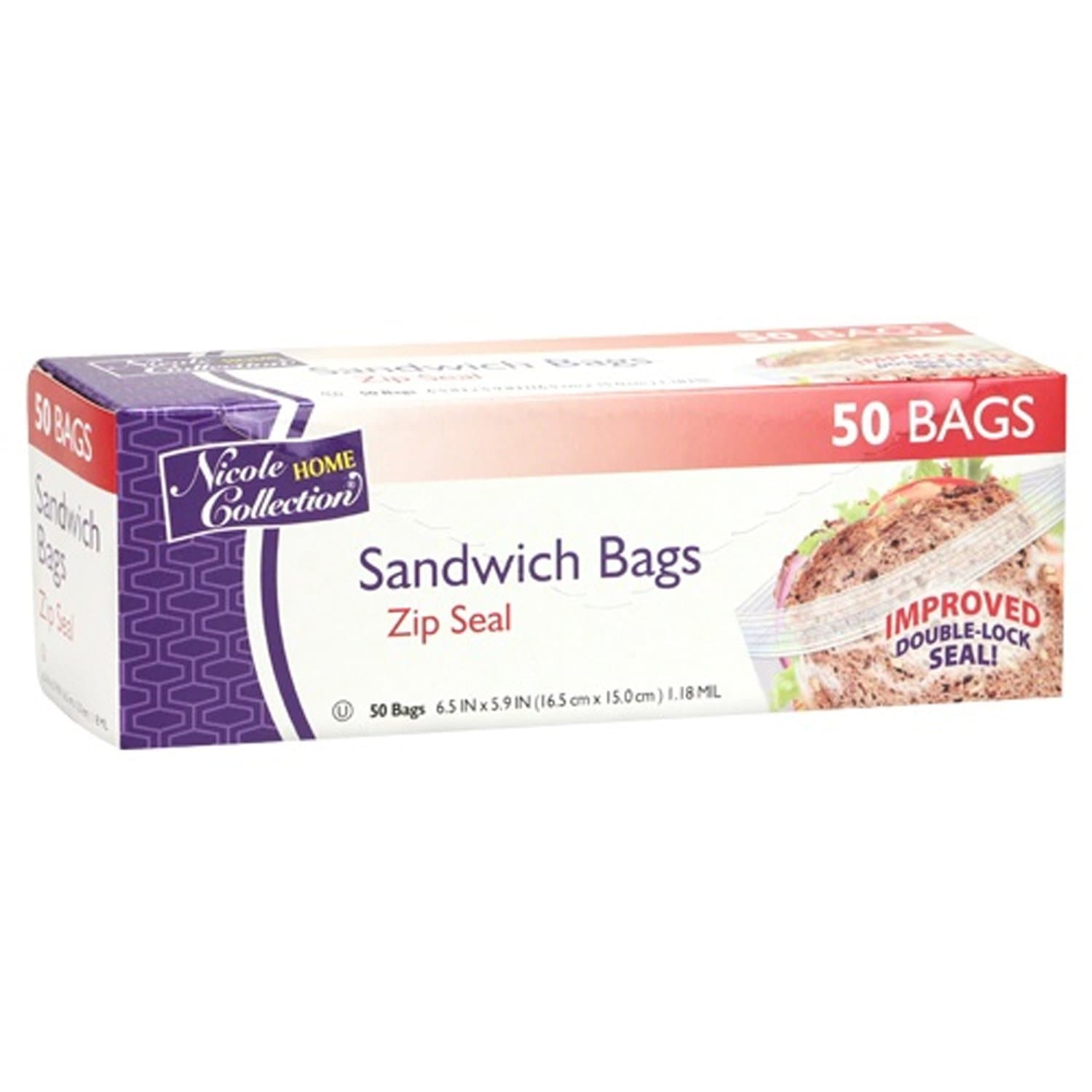 Nicole Home Collection Zip Seal Sandwich Bags, 50 ct, Clear