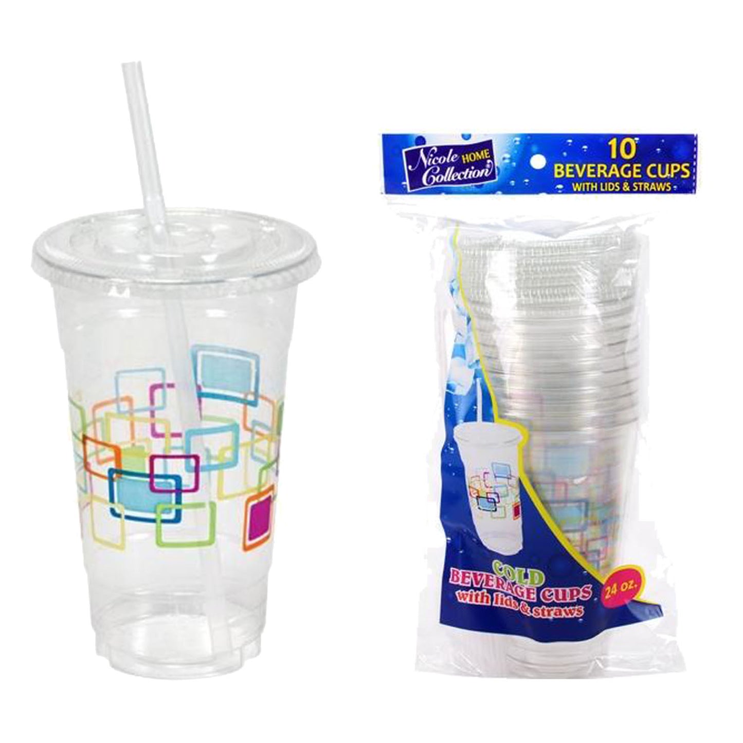 Nicole Home Collection Premium Plastic Deco Cups with Lids and Straws 24 oz Smoothie Cups VeZee