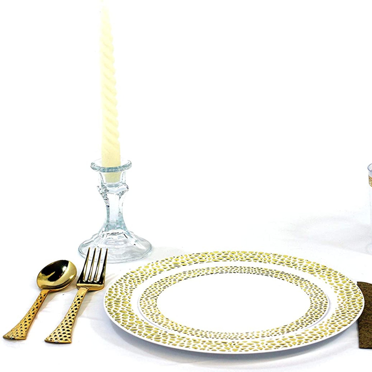 Pebbled 10.25" White with Gold Rim Plastic Dinner Plate Elegant Plates Lillian