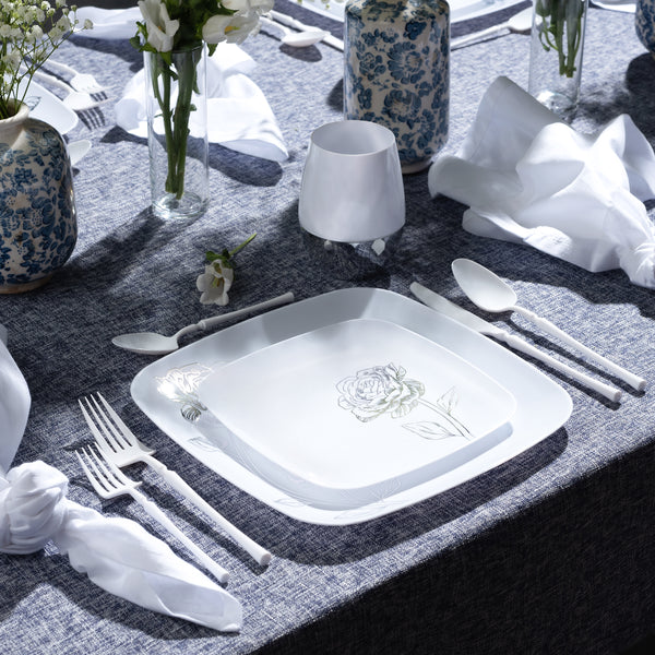 COMBO SET  10.25" & 7.25"   White and Silver Square Plastic Dinnerware Set - Peony  Decorline   