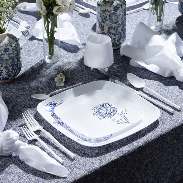 COMBO SET 10.25" & 7.25"  White and Blue Square Plastic Dinnerware Set  - Peony  Decorline   