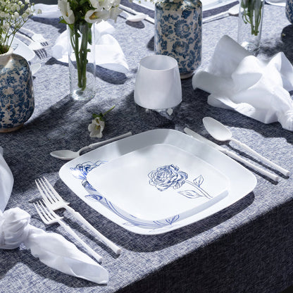 COMBO SET 10.25" & 7.25"  White and Blue Square Plastic Dinnerware Set  - Peony  Decorline   