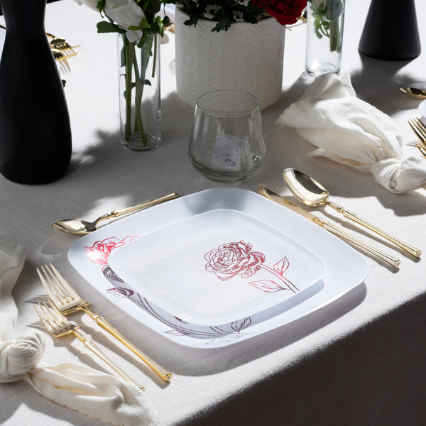 COMBO SET 10.25" & 7.25" White and Burgundy Square Plastic Dinnerware Set - Peony  Decorline   