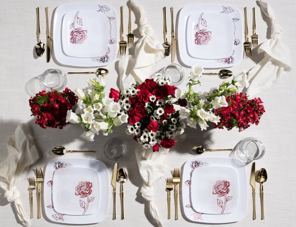 10.25"&7.25" White and Burgundy Square Disposable Plastic Plates COMBO Set-Peony Combo Disposable Plates Decorline