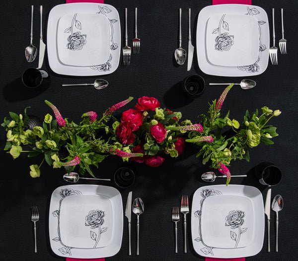 10.25"&7.25" White and Black Square Disposable Plastic Plates COMBO Set-Peony Combo Disposable Plates Decorline