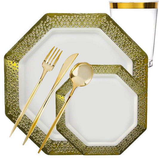 COMBO LACETAGON COLLECTIONS LACE GOLD RIM PLASTIC TABLEWARE PACKAGE plates Lillian Tablesettings 40  