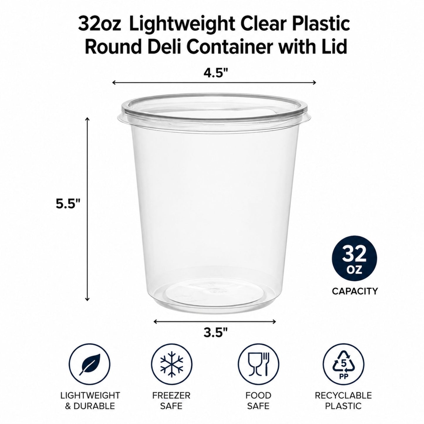 *WHOLESALE* 32oz Lightweight Deli Containers with Lids Disposable Plastic 500/case Food Storage & Serving VeZee