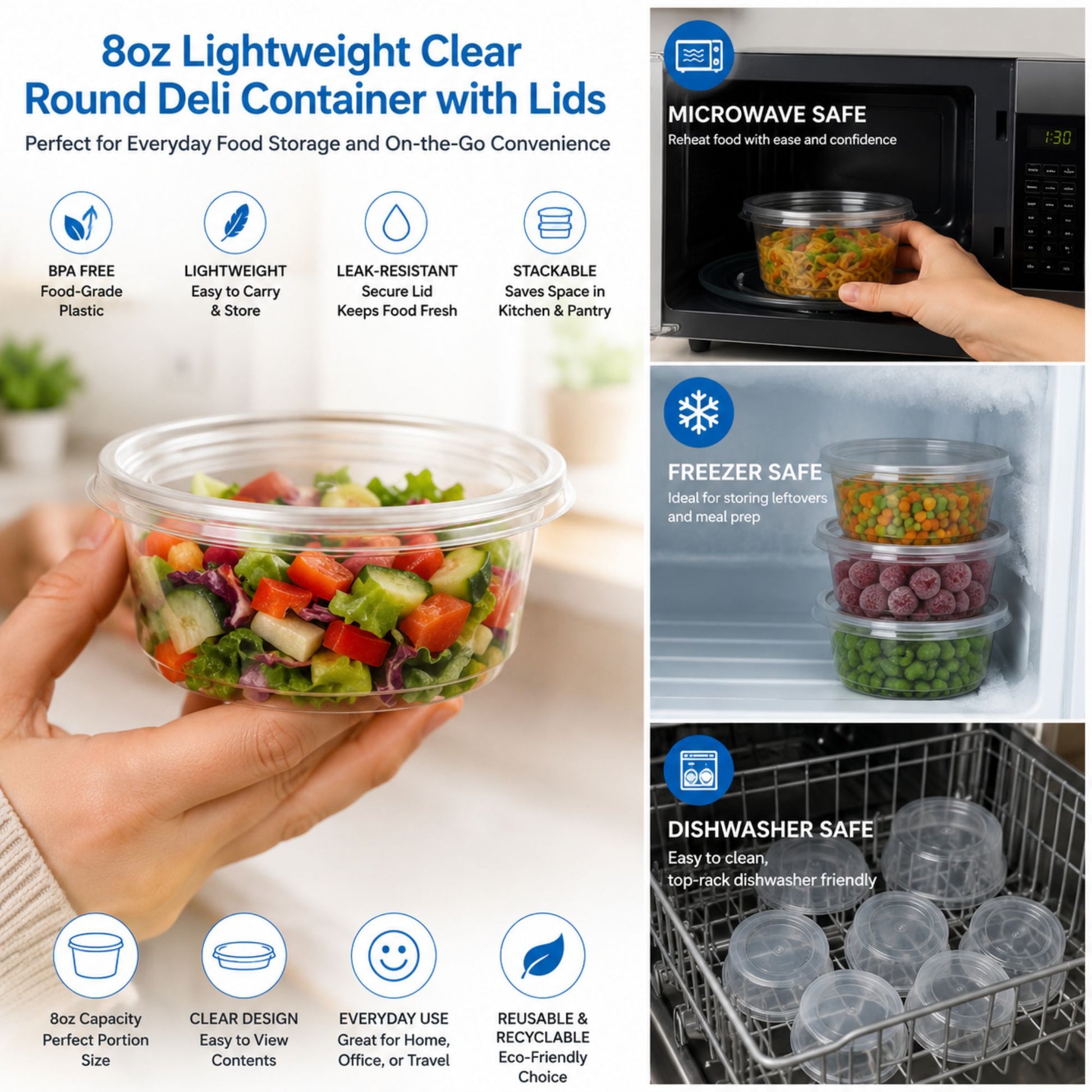 *WHOLESALE* 8oz Lightweight Deli Containers with Lids Disposable Plastic 500/case Food Storage & Serving VeZee