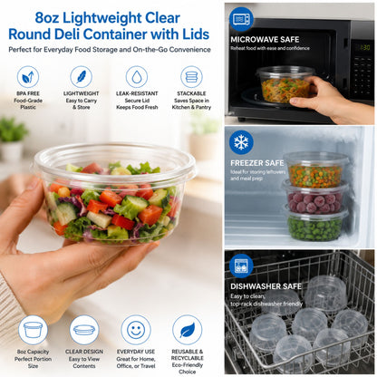 *WHOLESALE* 8oz Lightweight Deli Containers with Lids Disposable Plastic 500/case Food Storage & Serving VeZee