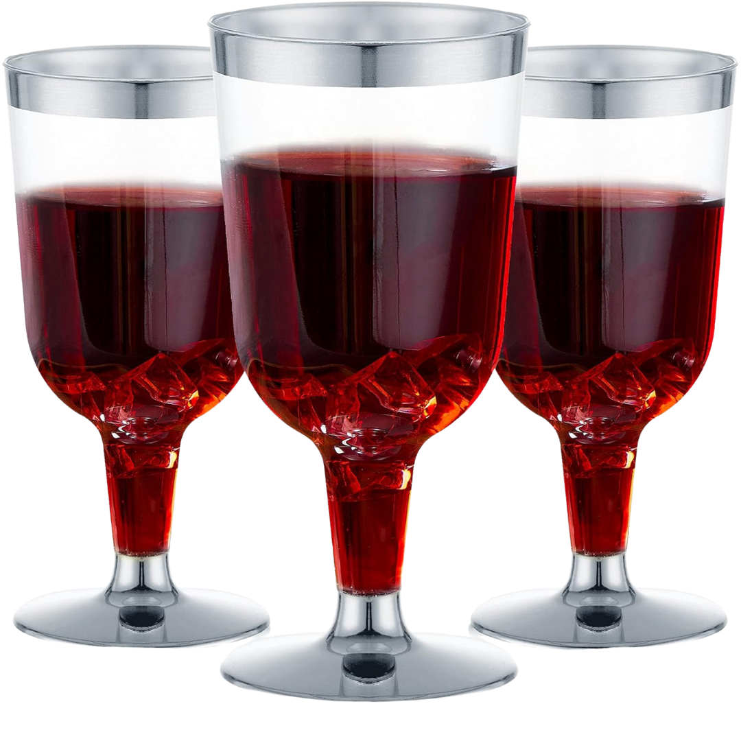 6.5oz Plastic 2-Pcs Wine Cups With Silver Rim & Bottom Champagne Glasses Lillian Tablesettings