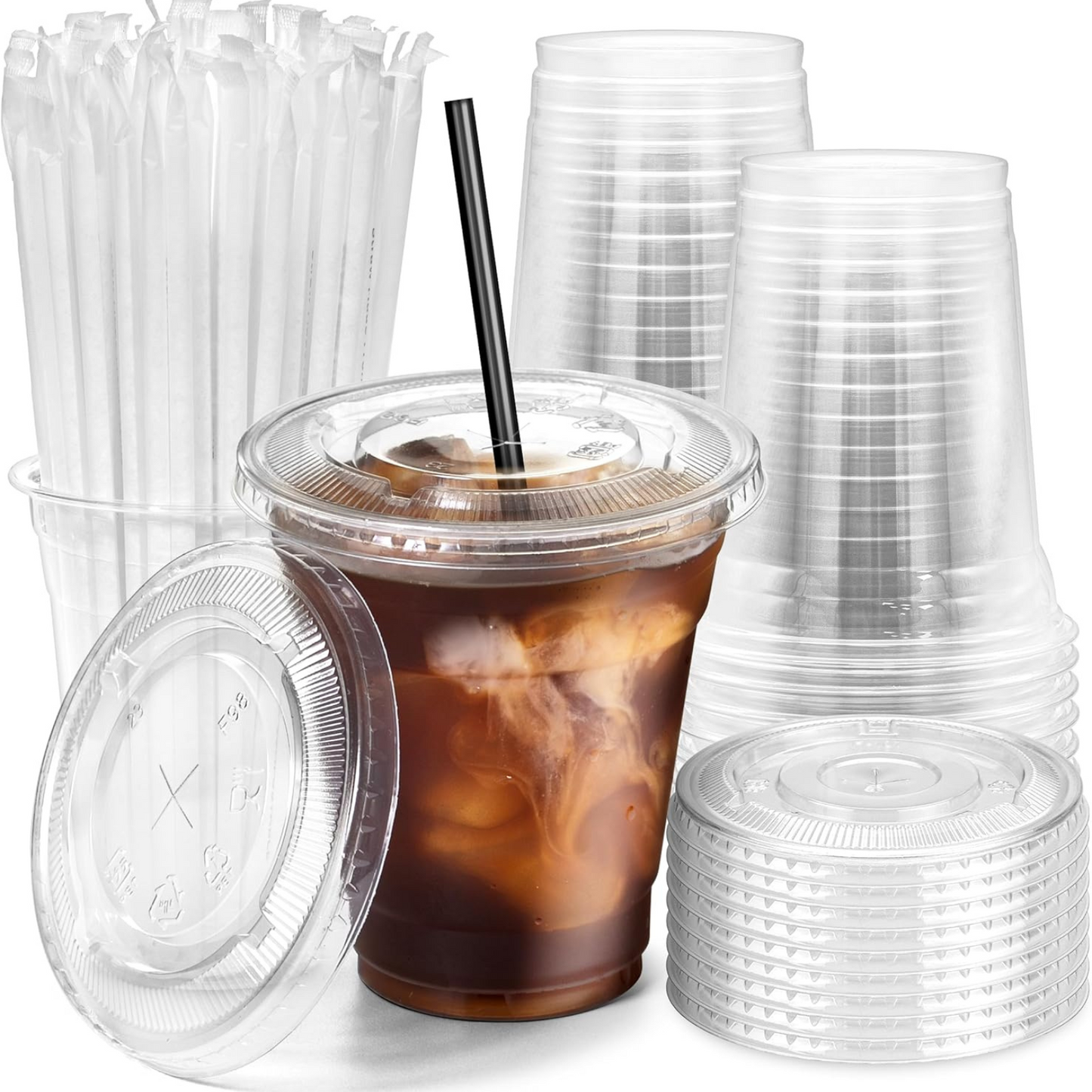 12oz Plastic Clear PET Cups With Flat Lid & Straw, for All Kinds of Beverages Smoothie Cups VeZee Cups/Lids/Straws 100 Pack 