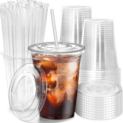 16oz Plastic Clear PET Cups With Flat Lid & Straw, for All Kinds of Beverages Smoothie Cups VeZee Cups/Lids/Straw 500 Pack ==> 5% off 