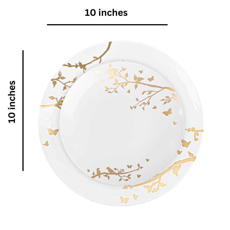 Spring Collection White and Gold Plastic Dinner Plates 10" Tablesettings Blue Sky