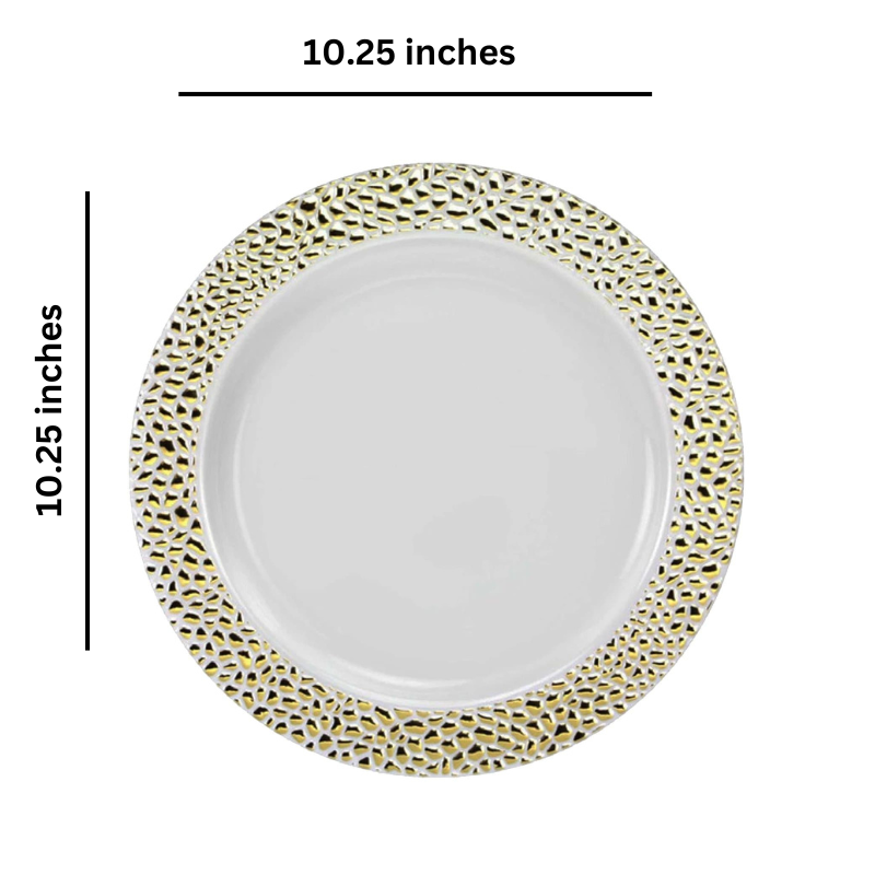 Pebbled Plastic Dinner Plate Gold Rim 10.25" Elegant Plates Lillian   