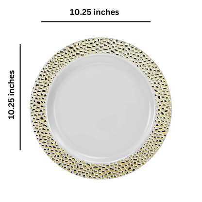 Pebbled Plastic Dinner Plate Gold Rim 10.25" Elegant Plates Lillian   