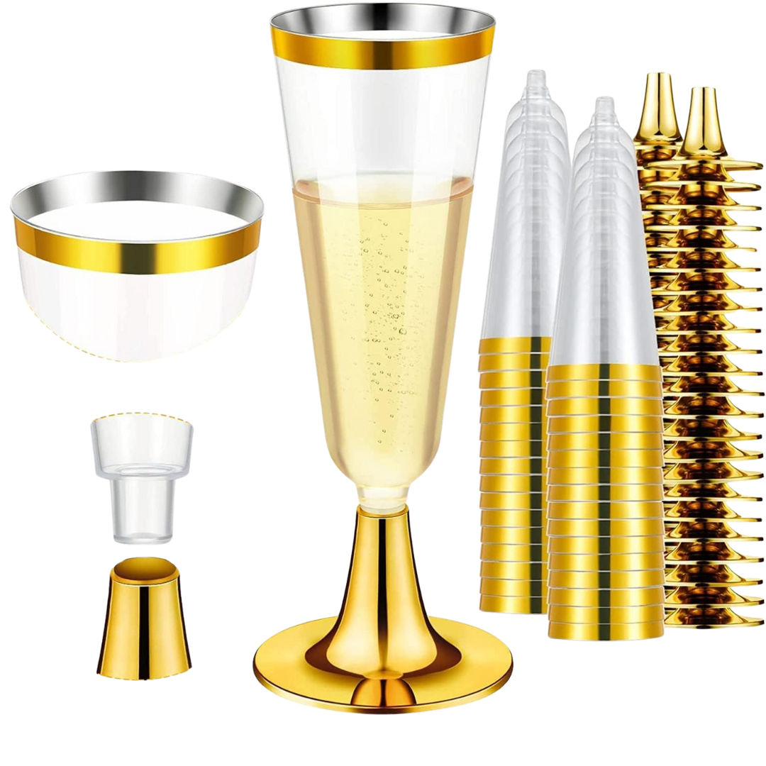 4.5oz Plastic 2-Pcs Champagne Flutes With Gold Rim & Bottom Champagne Flutes Lillian Tablesettings