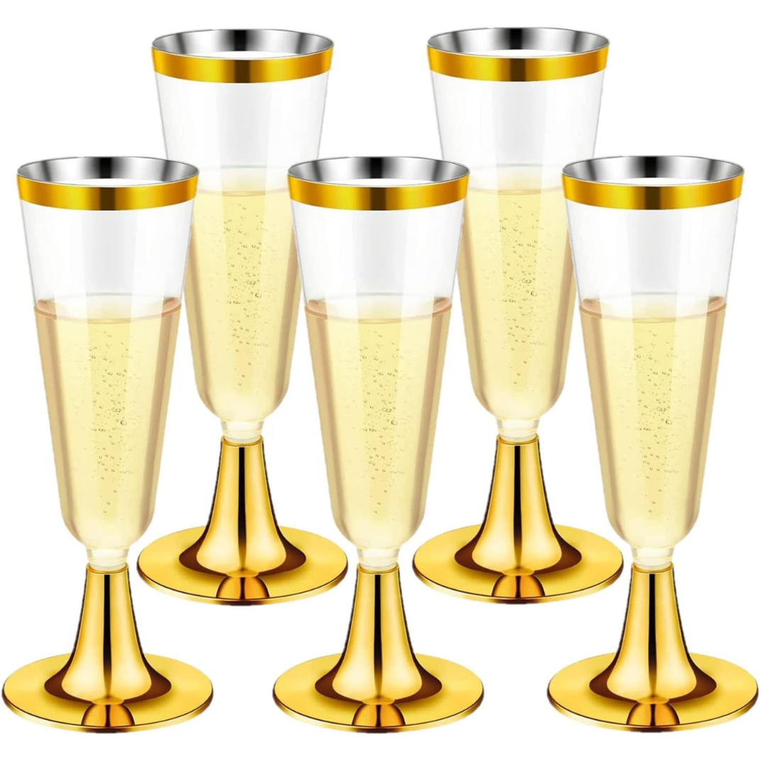 4.5oz Plastic 2-Pcs Champagne Flutes With Gold Rim & Bottom Champagne Flutes Lillian Tablesettings