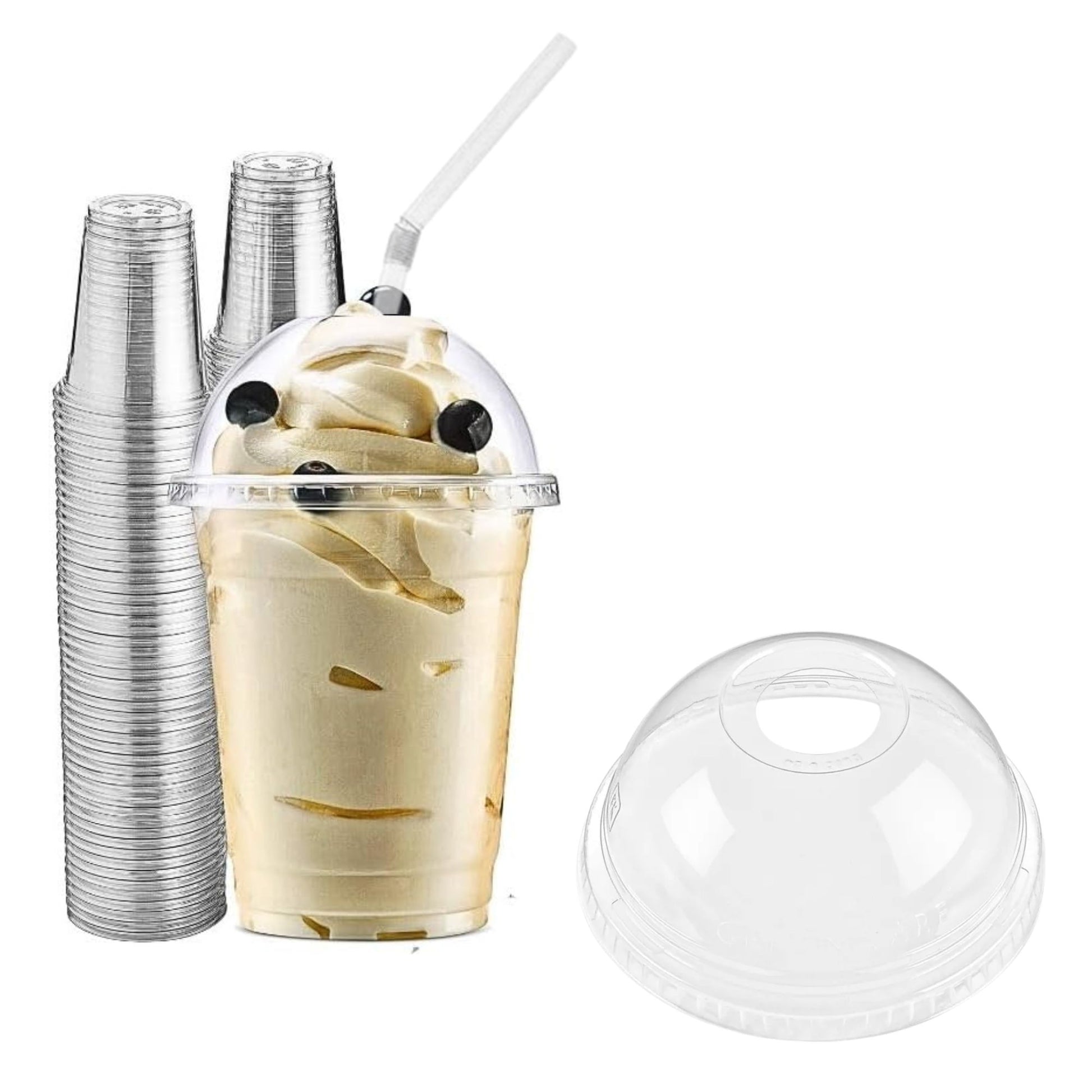 12oz Clear PET Plastic Cups with Dome Lid & Straw Smoothie Cups VeZee