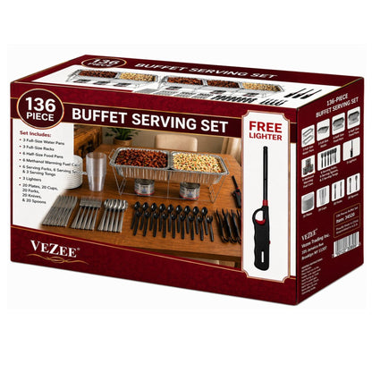 136 Piece Disposable Chafing Dish Buffet Set with Aluminum Pans, Racks, Fuel, Serving Utensils & Party Dinnerware Disposable VeZee
