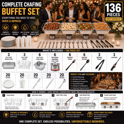 136 Piece Disposable Chafing Dish Buffet Set with Aluminum Pans, Racks, Fuel, Serving Utensils & Party Dinnerware Disposable VeZee