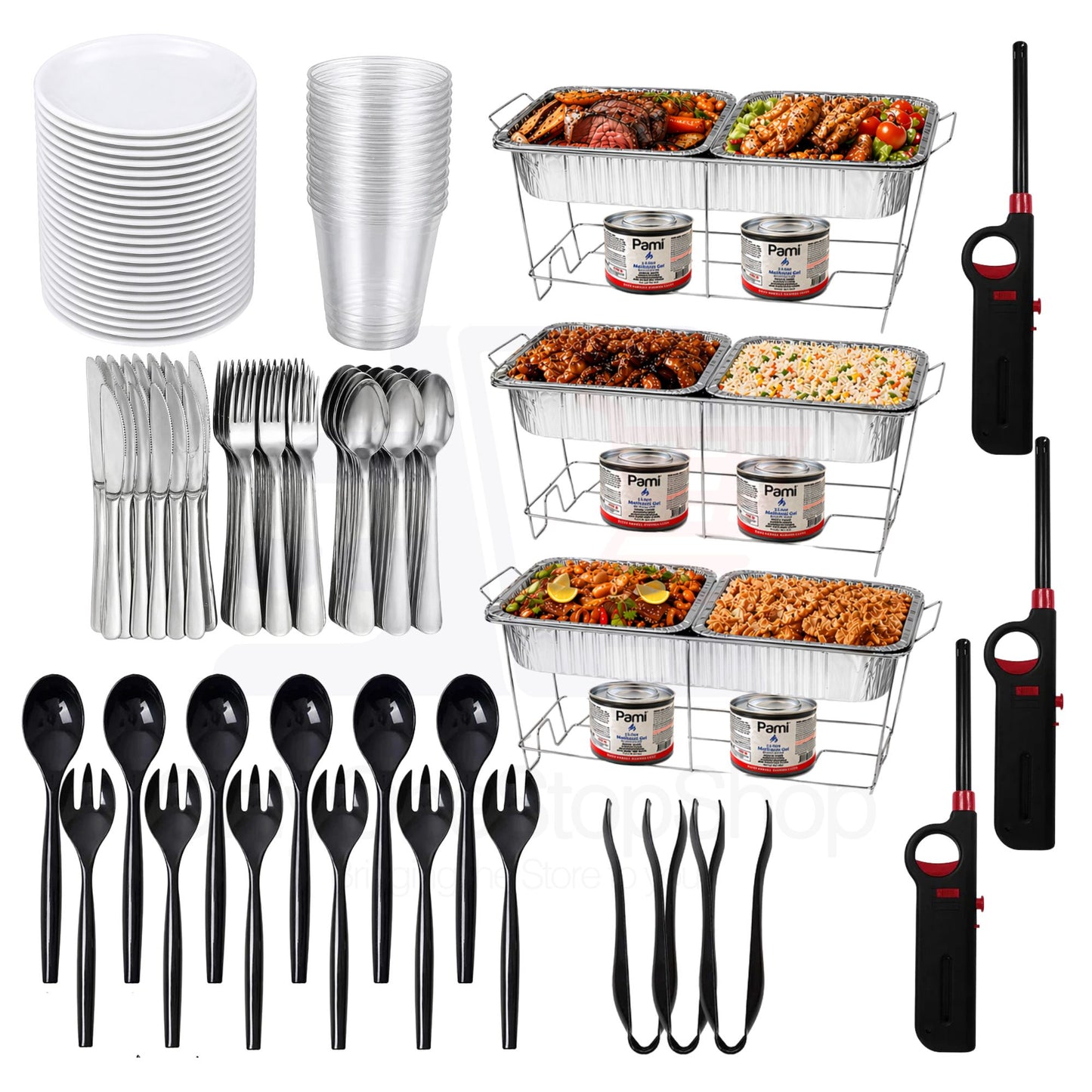 136 Piece Disposable Chafing Dish Buffet Set with Aluminum Pans, Racks, Fuel, Serving Utensils & Party Dinnerware Disposable VeZee
