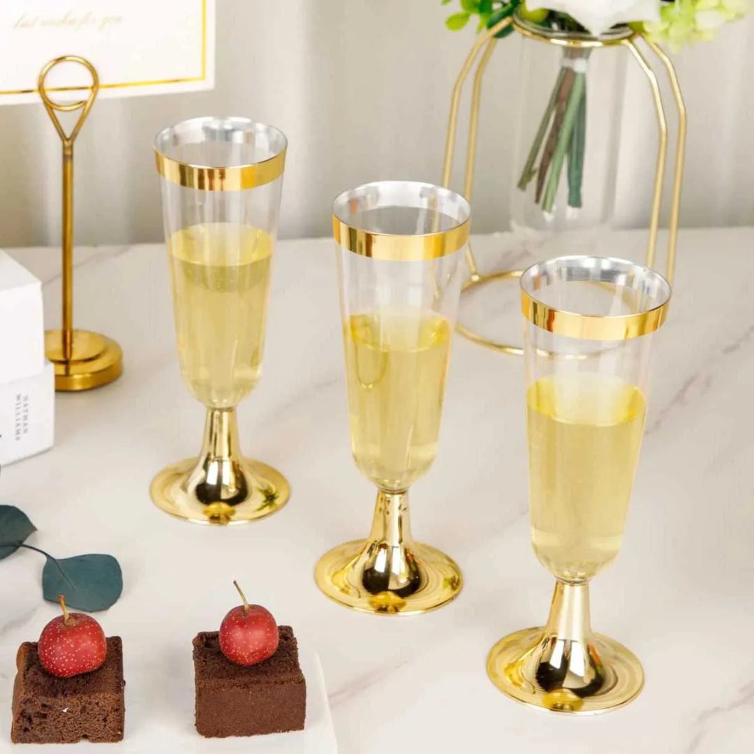 4.5oz Plastic 2-Pcs Champagne Flutes With Gold Rim & Bottom Champagne Flutes Lillian Tablesettings