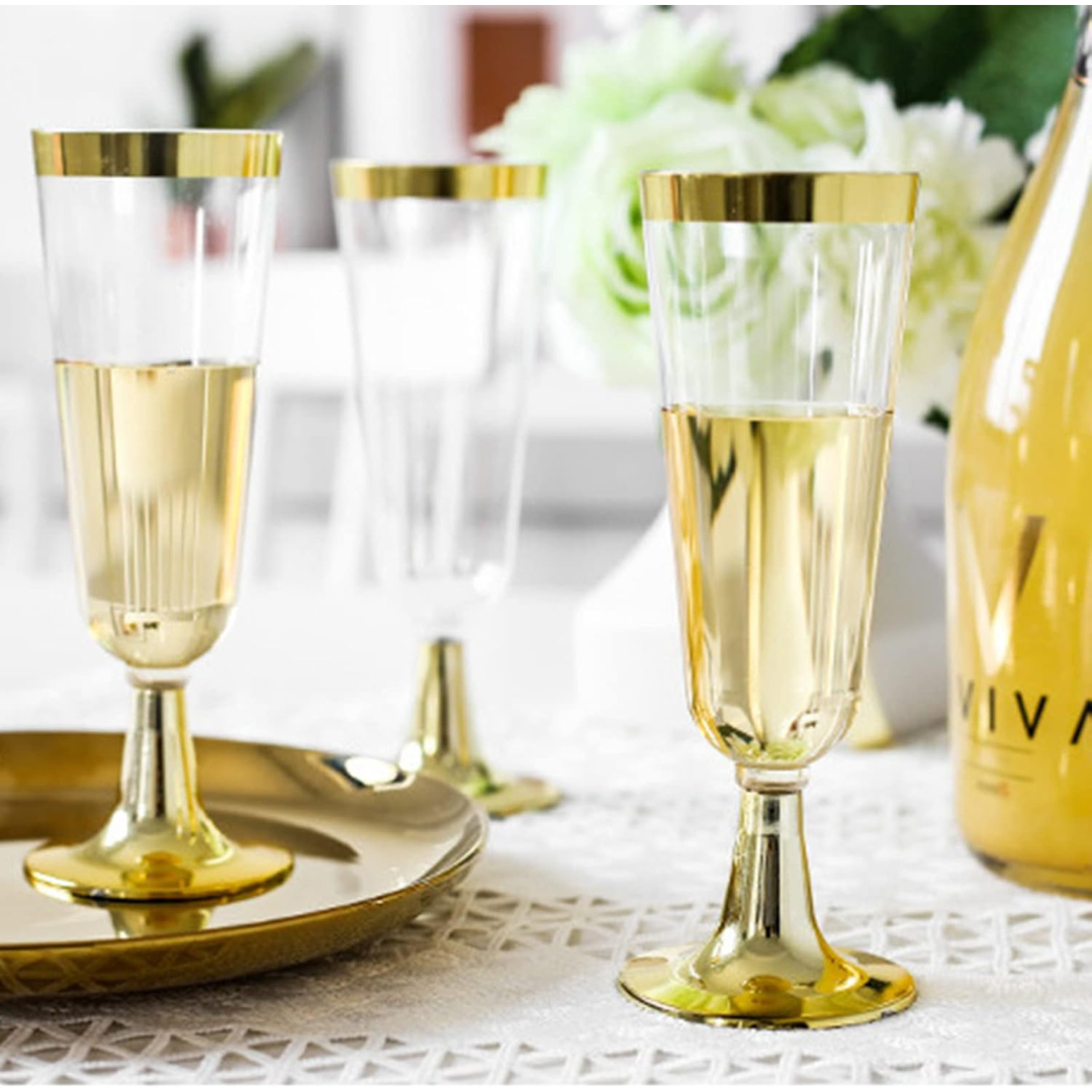 4.5oz Plastic 2-Pcs Champagne Flutes With Gold Rim & Bottom Champagne Flutes Lillian Tablesettings