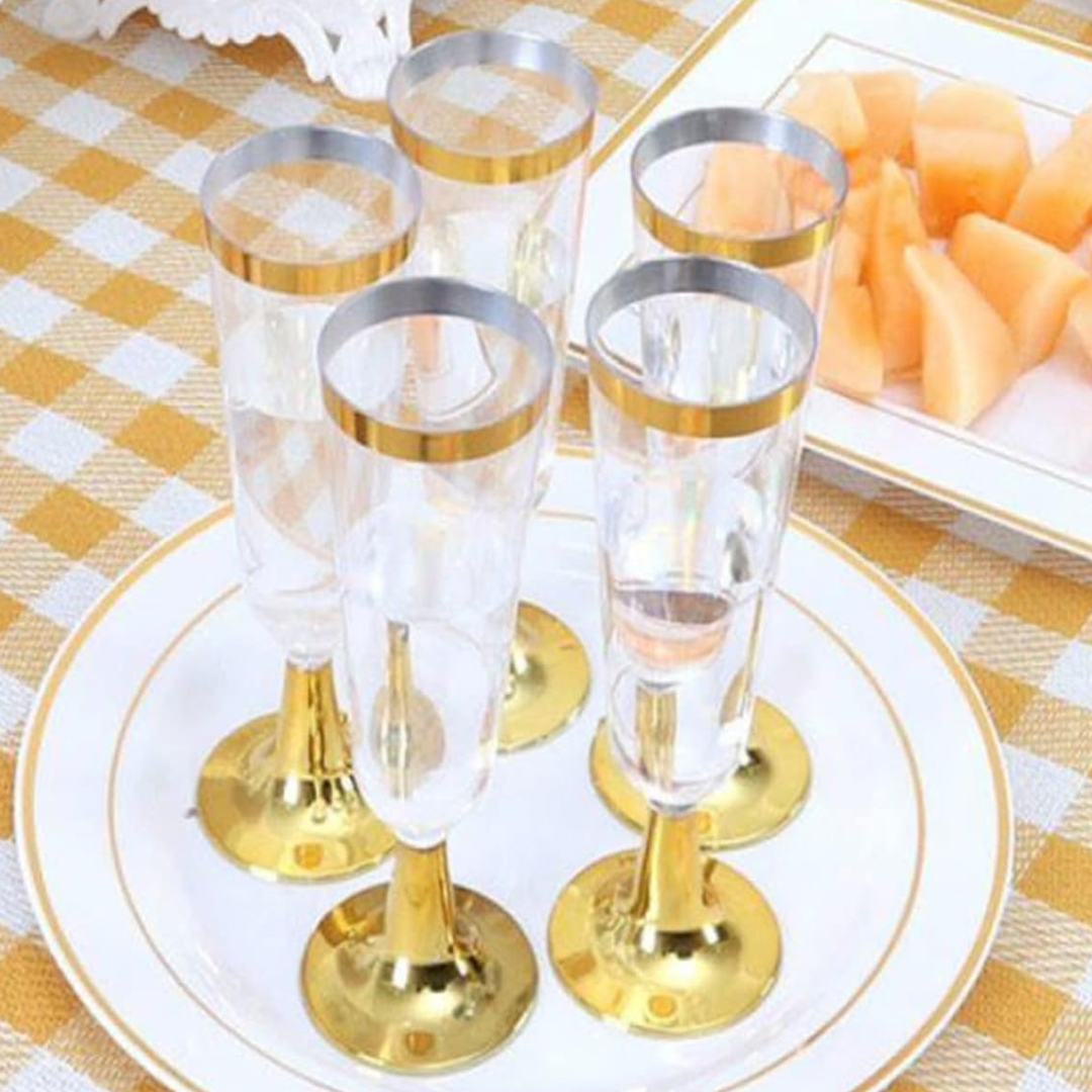 4.5oz Plastic 2-Pcs Champagne Flutes With Gold Rim & Bottom Champagne Flutes Lillian Tablesettings