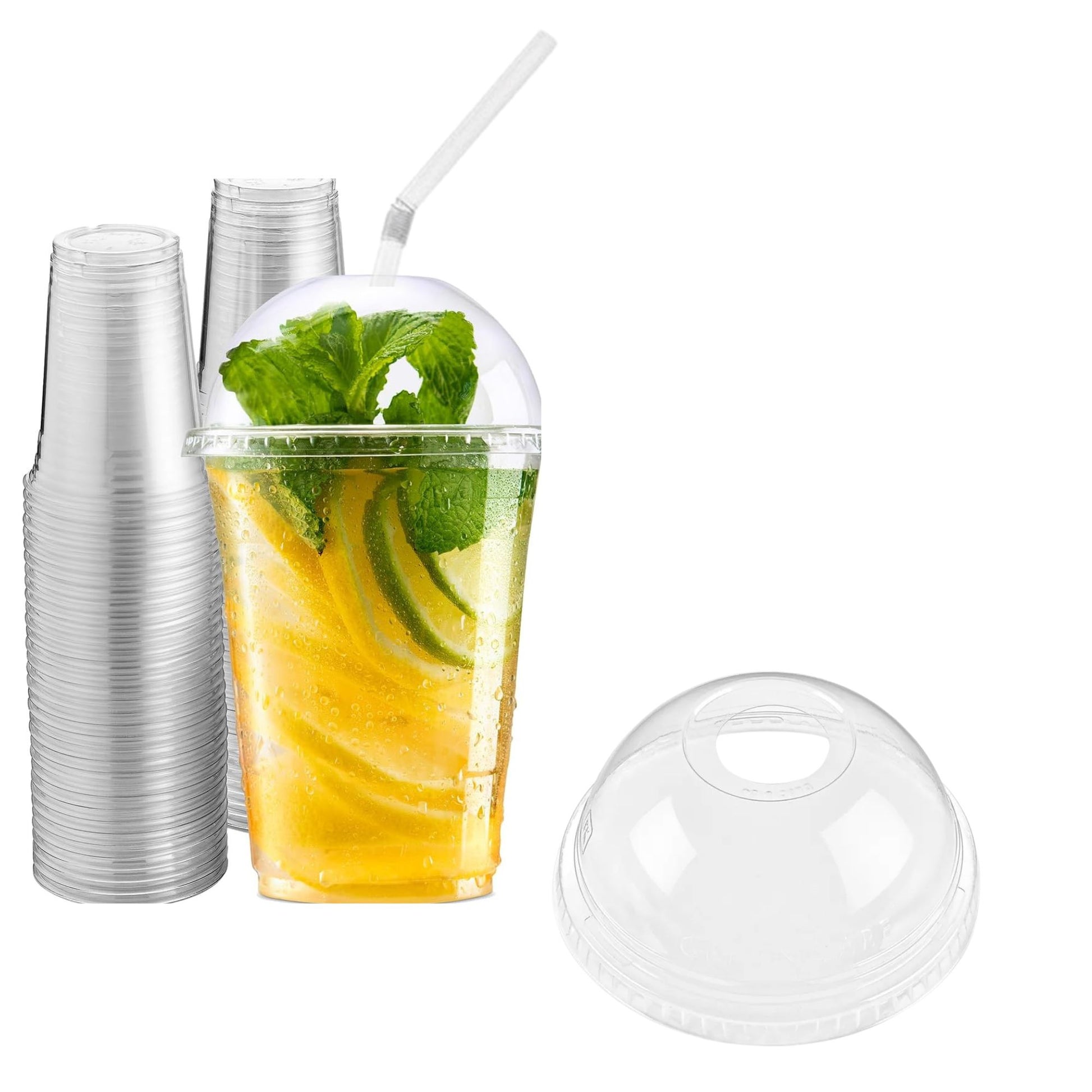 16oz Clear PET Plastic Cups with Dome Lid & Straw Smoothie Cups VeZee