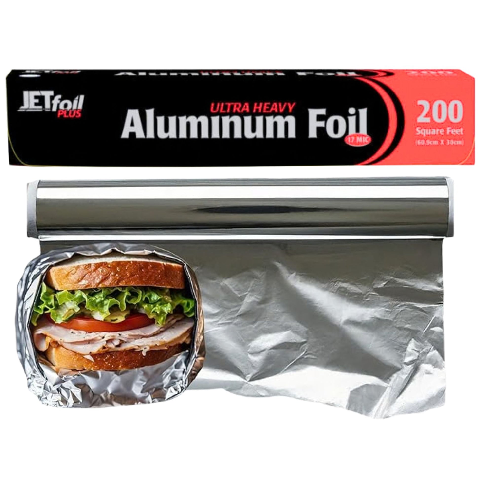 Roll of Jetfoil Ultra Heavy Aluminum Foil with a sandwich wrapped in it on a white background