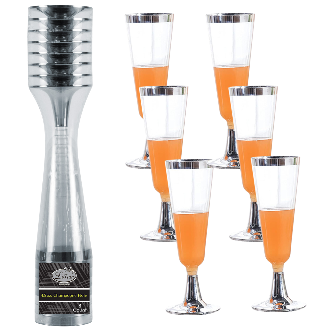 4.5oz Plastic 2-Pcs Champagne Flutes With Silver Rim & Bottom Champagne Flutes Lillian Tablesettings