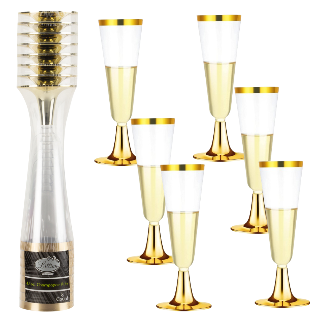 4.5oz Plastic 2-Pcs Champagne Flutes With Gold Rim & Bottom Champagne Flutes Lillian Tablesettings