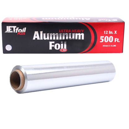 Roll of aluminum foil with Jetfoil Plus packaging on a white background